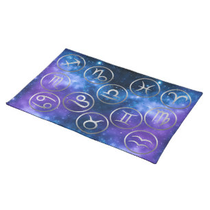 Twelve Grey Zodiac Symbols on blue galaxy Cloth Placemat