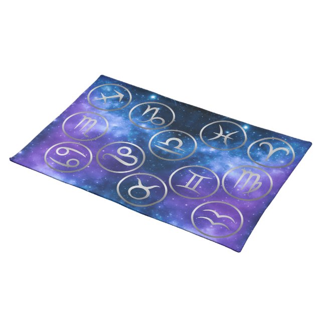 Twelve Grey Zodiac Symbols on blue galaxy | Cloth Placemat (On Table)
