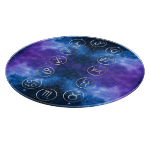 Twelve Grey Zodiac Symbols on blue galaxy   Cutting Board