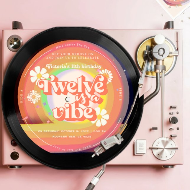 Twelve is a Vibe Groovy Retro Vinyl Rainbow Daisy Invitation (Creator Uploaded)