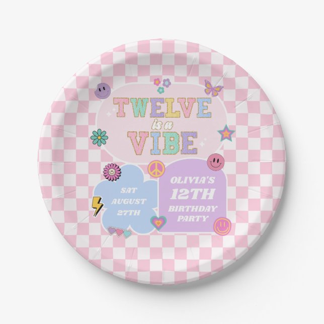 Twelve Is A Vibe Preppy Patch 12th Birthday Party Paper Plates (Front)