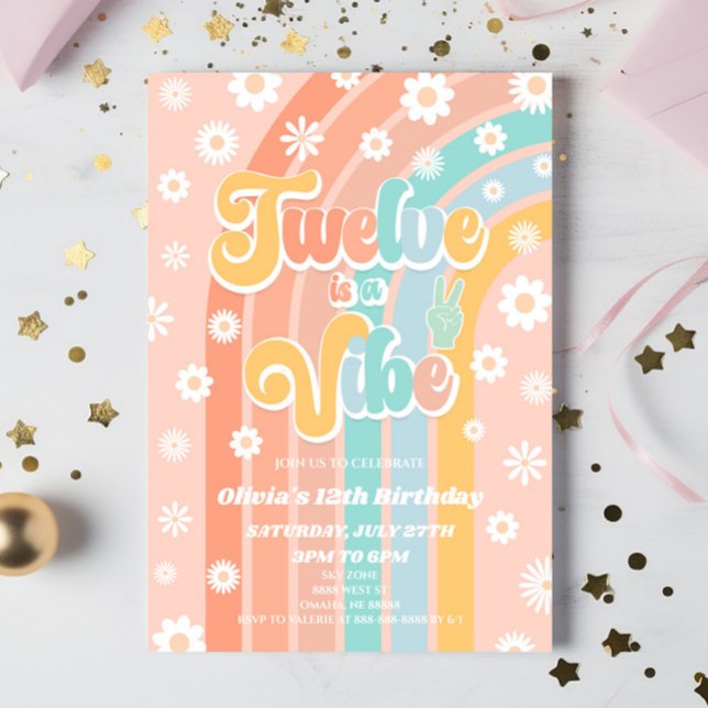 Twelve Is A Vibe Rainbow Daisy 12th Birthday Party Invitation (Creator Uploaded)