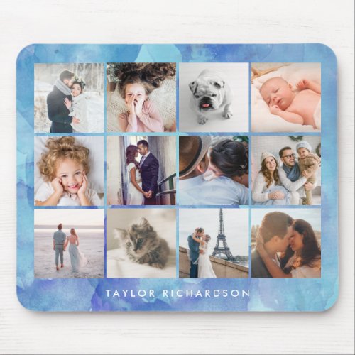 Twelve Photo Collage  Watercolor Blue Mouse Pad