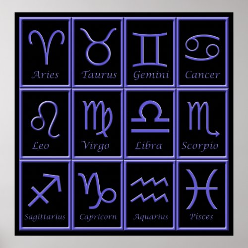 Twelve Purple Zodiac Signs Print