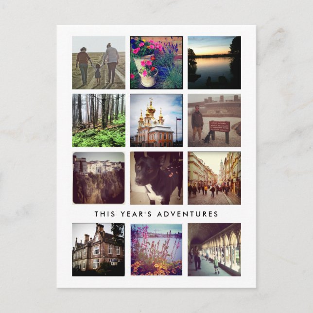 Twelve Square Photo Collage Happy Holiday Postcard (Front)