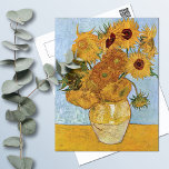 Twelve Sunflowers Vincent Van Gogh Postcard<br><div class="desc">A fine art postcard with the oil painting,  Vase with Twelve Sunflowers (1888),  by Vincent van Gogh (1853-1890),  showcasing a stoneware vase with yellow flowers against a light blue background.</div>