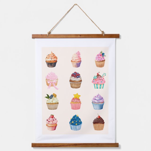 Twelve Watercolor Cupcakes Hanging Tapestry (Front)