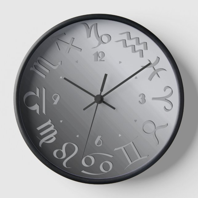 Twelve Zodiac Symbols in Silver Gray  Clock (Front)