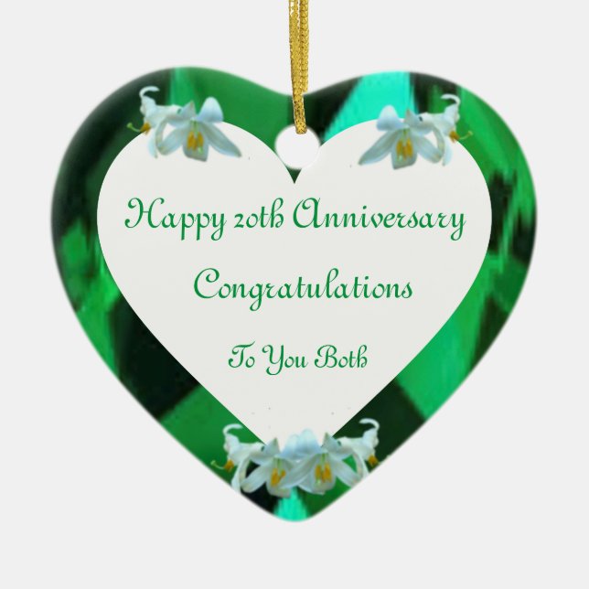 Twentieth Wedding Anniversary Emerald  Heart Ceramic Ornament (Front)
