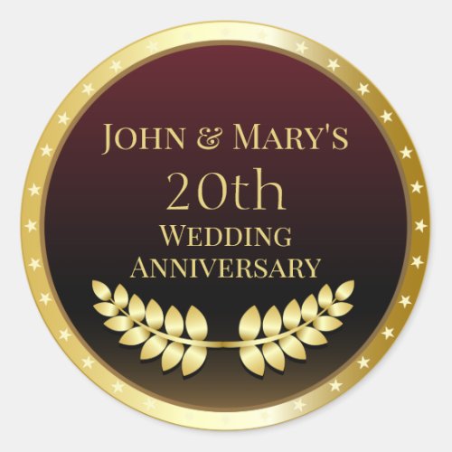 Twentieth Wedding Anniversary Gold Medal Classic Round Sticker
