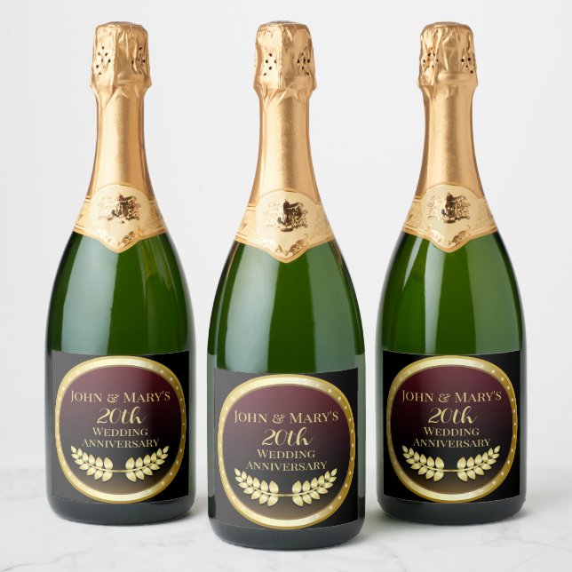 Twentieth Wedding Anniversary Gold Medal Sparkling Wine Label (Bottles)
