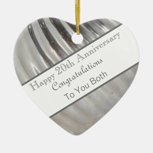 Twentieth Wedding Anniversary Platinum  Heart Ceramic Ornament (Front)