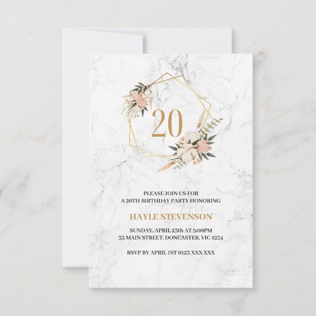 Twenty - 20th Birthday Party Floral Marble Chic Invitation (Front)