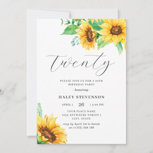 Twenty Chic Yellow Sunflower Floral 20th Birthday