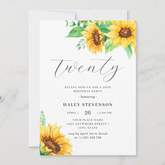 Twenty Chic Yellow Sunflower Floral 20th Birthday Invitation (Front)