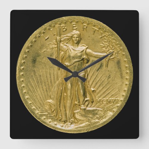 Twenty Dollar Gold Piece Liberty Sculpture 1907 Square Wall Clock