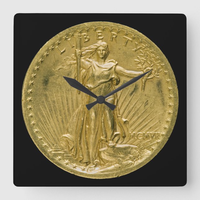 Twenty Dollar Gold Piece Liberty Sculpture 1907 Square Wall Clock (Front)