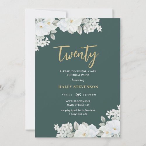 Twenty Emerald Green  Gold White Floral Birthday Invitation