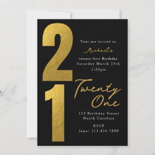 Twenty First 21st Birthday Black Gold Modern Invitation