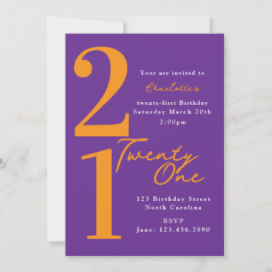 Twenty First 21st Birthday Purple Orange Modern Invitation