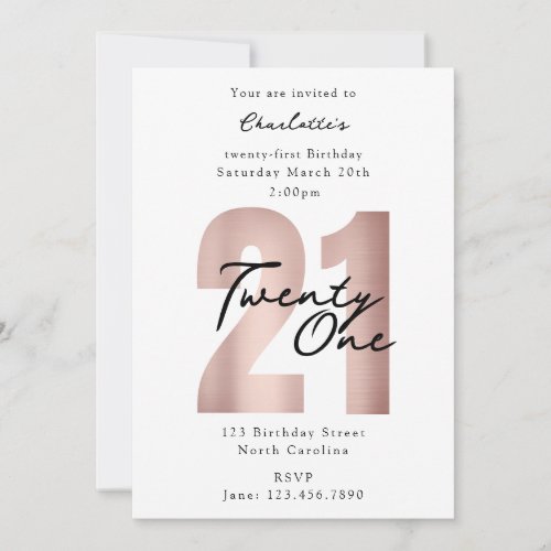 Twenty First 21st Birthday Rose Gold Modern Invitation