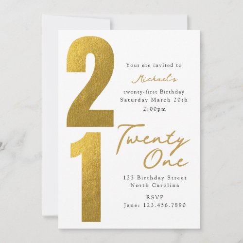 Twenty First 21st Birthday White Gold Modern Invitation