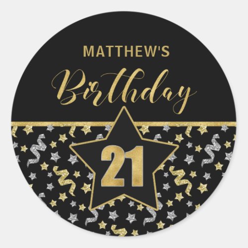 Twenty First Birthday Black and Gold Confetti Classic Round Sticker