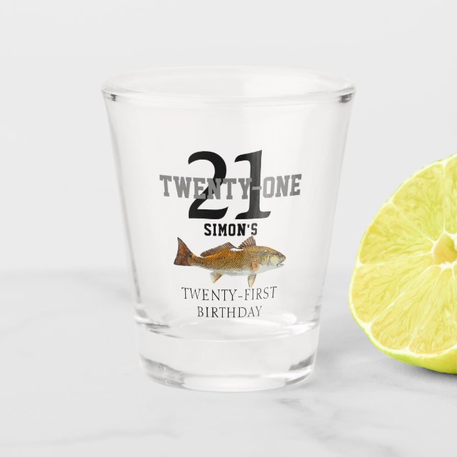Twenty First Birthday Redfish Drum Themed 21 Shot Glass (Front)