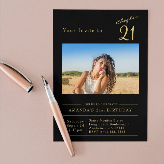 Twenty-first Gold 21st Birthday Party Photo Invitation (21st birthday black and gold party invitation on a peach background)