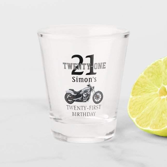 Twenty First Motorcycle Party Surprise Birthday 21 Shot Glass (Front)