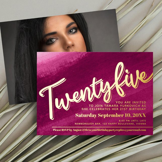 Twenty five 25th Birthday party gold red pink wash Foil Invitation (Creator Uploaded)