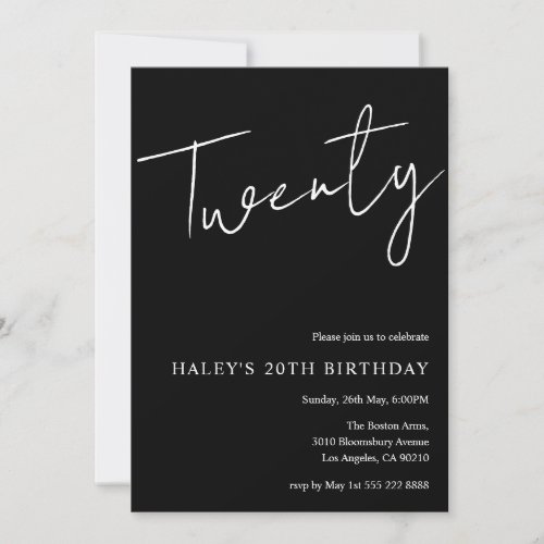 Twenty Modern Simple Black 20th Birthday