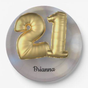 Twenty One 21 Gold Balloons with Name Paper Plates