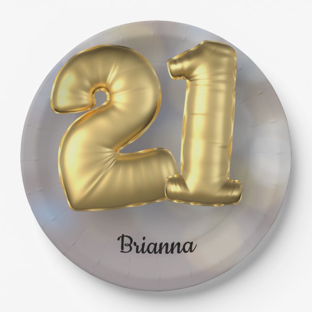 Twenty One 21 Gold Balloons with Name Paper Plates (Front)
