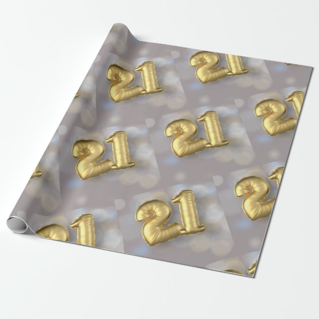 Twenty One 21 Gold Balloons Wrapping Paper (Unrolled)