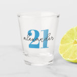 Twenty One 21st birthday age modern script  Shot Glass<br><div class="desc">Personalized 21st birthday shot glass with blue age text and modern script name.  Colors and fonts can be changed if required.</div>