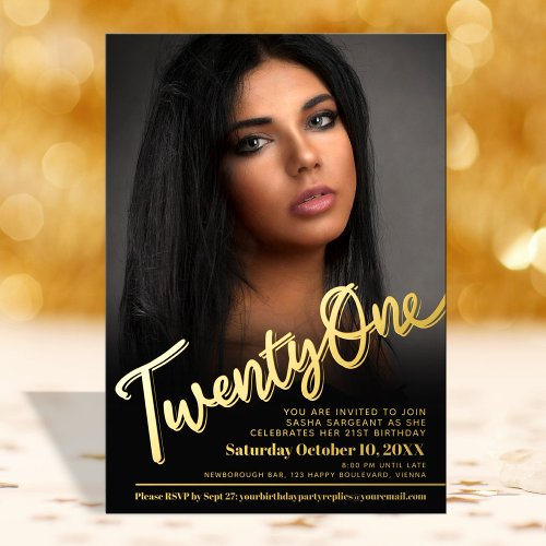 Twenty one 21st Birthday custom photo script gold Foil Invitation