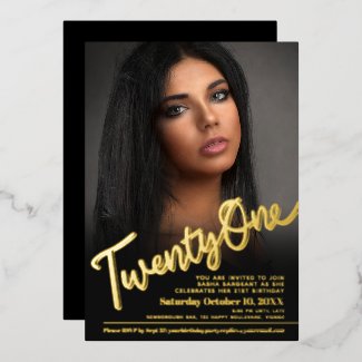Twenty one 21st Birthday custom photo script gold Foil Invitation