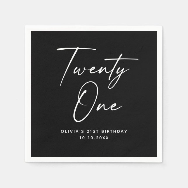 Twenty One 21st Birthday | Elegant Black Modern Napkins (Front)