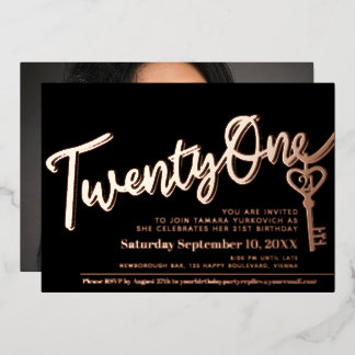 Twenty One 21st Birthday key black gold photo Foil Invitation