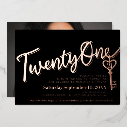 Twenty One 21st Birthday key black gold photo Foil Invitation