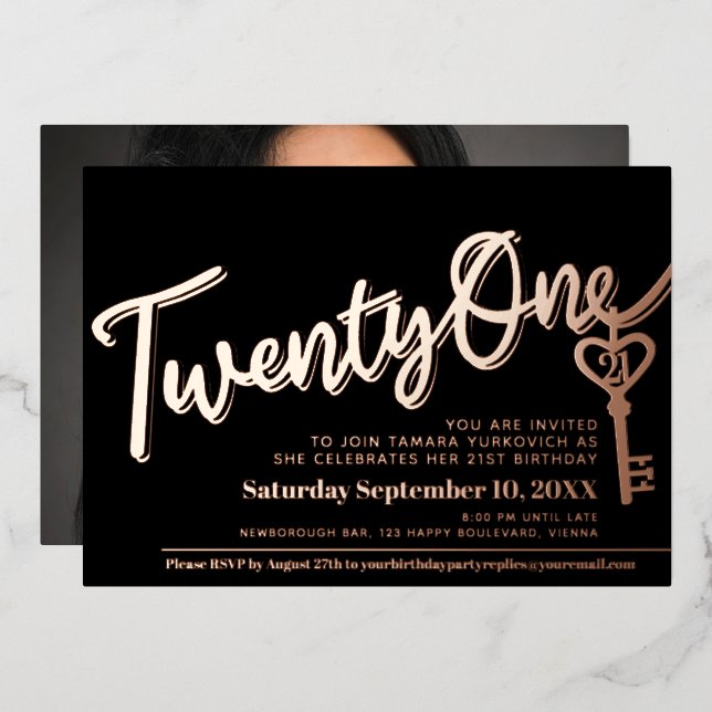 Twenty One 21st Birthday key black gold photo Foil Invitation (Front/Back)