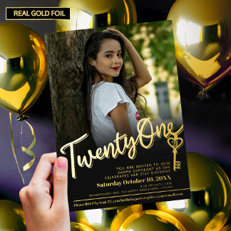 Twenty one 21st Birthday key photo gold black Foil Invitation