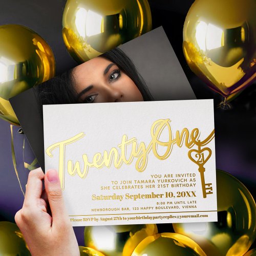 Twenty One 21st Birthday key white gold photo Foil Invitation