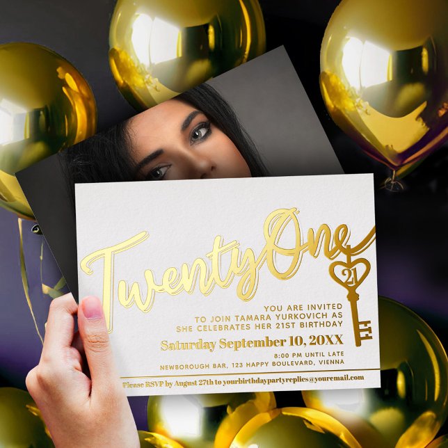 Twenty One 21st Birthday key white gold photo Foil Invitation (Creator Uploaded)