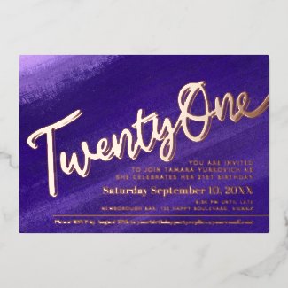 Twenty One 21st Birthday party purple rose gold Foil Invitation