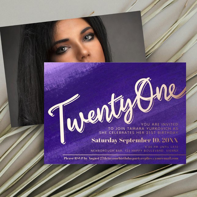 Twenty One 21st Birthday party purple rose gold Foil Invitation (Creator Uploaded)