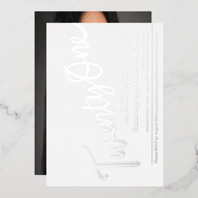 Twenty One 21st Birthday party silver on white Foil Invitation (Front/Back)