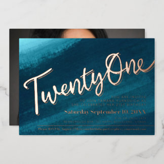 Twenty One 21st Birthday party teal gold photo Foil Invitation