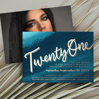 Twenty One 21st Birthday party teal gold photo Foil Invitation